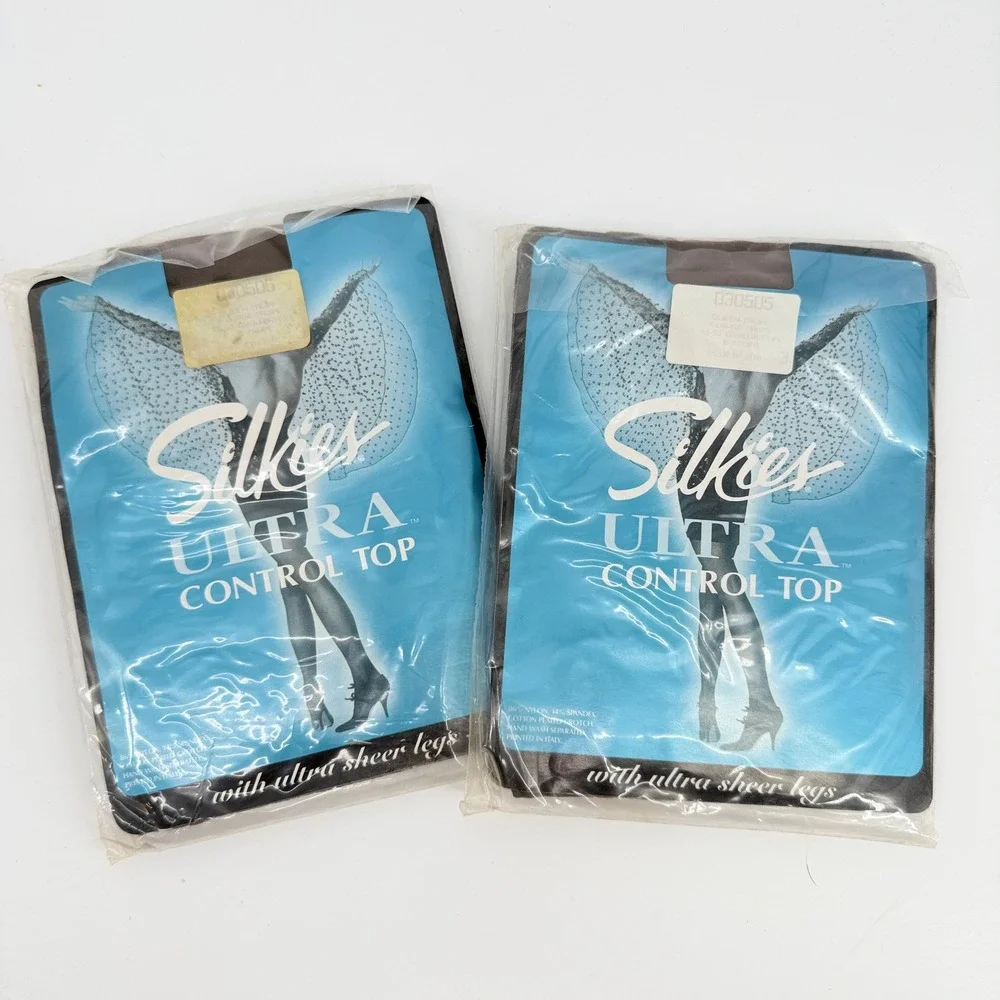 VTG Silkies Ultra Control Top Pantyhose Lot 2 NOS Queen XL Taupe Italy Sealed